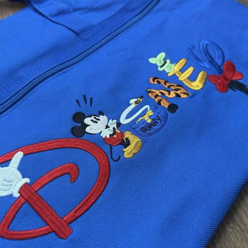 Disney World Vtg Blue Embroidered Character Nylon Zip Up Tote Mickey Pooh Goofy